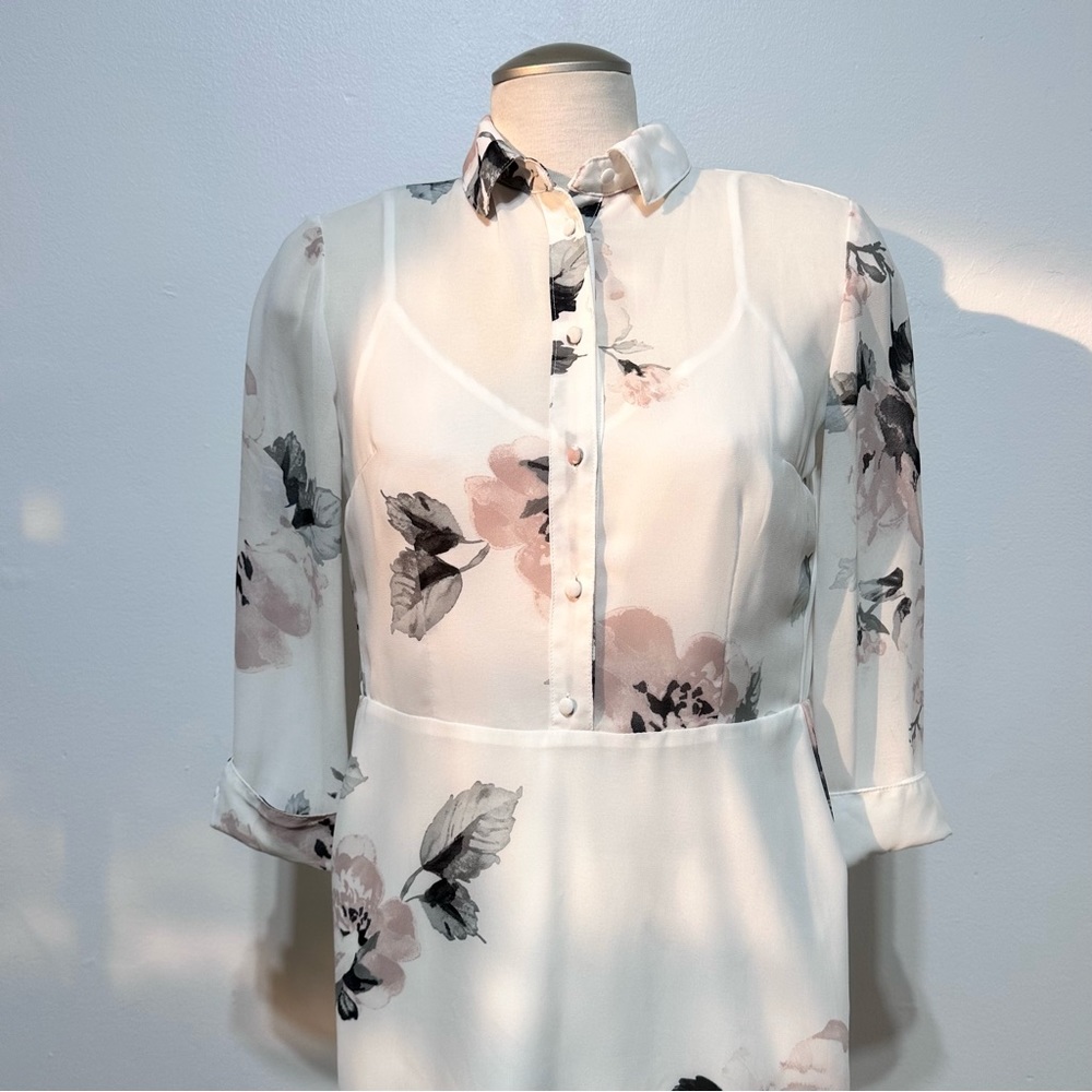 Dynamite White Floral 3/4 Sleeves Feminist A Line Skirt Above Knee Dress Size XS